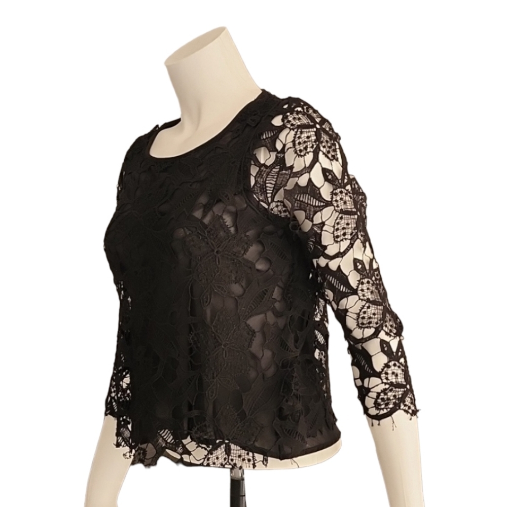 ZARA Black Crochet Lace Crop Top M Sheer Gothic Boho Punk Festival 3/4 Sleeve - Picture 14 of 15